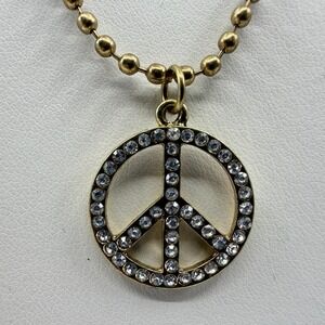 Gold Tone Peace Sign Pendant Necklace Rhinestone Embellished Boho Festival Gift